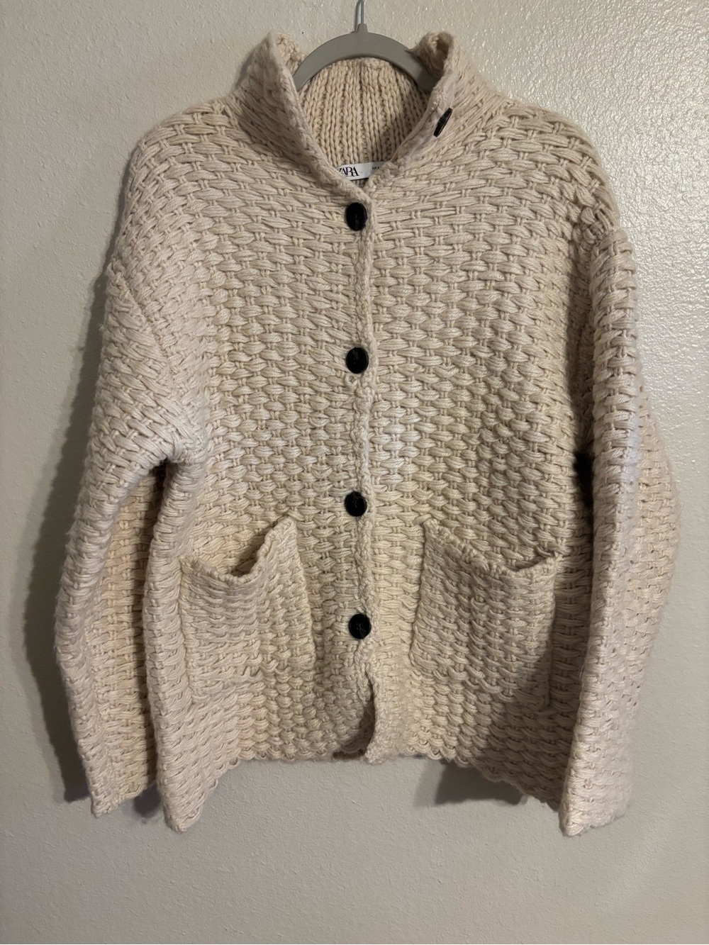 Zara Cream Chunky Wool/Alpaca Blend Button-Up Knit Cardigan
